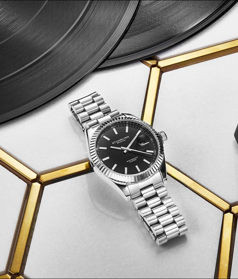 Stuhrling Original Men's Symphony Regent Coronet Stainless Steel Bracelet Watch (Black) - Image 4